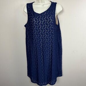 Perceptions Lace Shift Dress Women 14 Navy Blue Sleeveless Lined Overlay